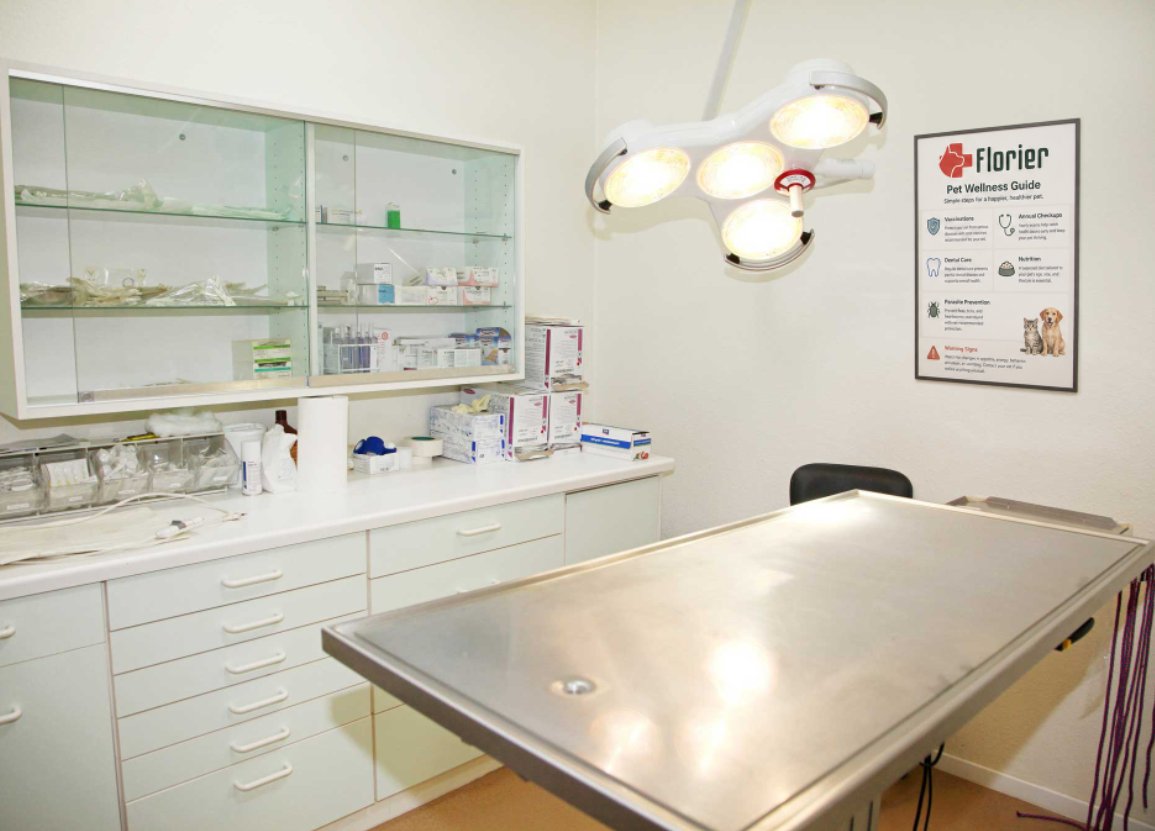 Florier veterinary exam room with exam table, lighting, and storage
